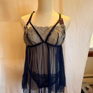 Adore Me Sheer Navy Chemise with Embroidered Details
